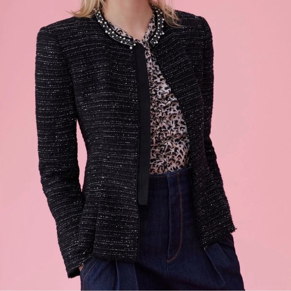 Rebecca Taylor Structured Embroidered Tweed Jacket In Black.